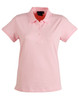 A pink ladies' polo shirt with a collar and three-button placket, featuring a logo on the chest.