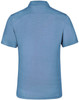 A blue polo shirt with a collar and short sleeves, featuring a logo on the back.