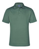 A green polo shirt with a collar and a three-button placket, featuring a logo on the chest.