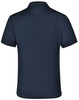 A navy blue polo shirt with a collar, featuring a logo, shown from the back.