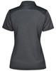 A dark grey ladies' polo shirt with a collar and a logo on the back.