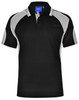 A black polo shirt with grey accents and a collar. It features a logo on the chest area.