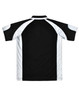 A black and white men's polo shirt featuring a logo, with a short sleeve design and a sporty look.