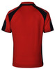 A red polo shirt featuring black accents and a logo on the back.