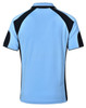 A light blue polo shirt with black accents and a logo on the back.