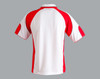A polo shirt featuring a white body with red sleeves and accents. It has a logo on the chest area.