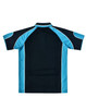 A black polo shirt featuring blue accents and a logo on the back.