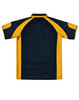 A navy and gold men's polo shirt featuring a logo. The shirt has short sleeves and a classic collar.