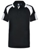 A black and white polo shirt featuring short sleeves and a collar, with a logo on the front.
