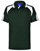 A dark green polo shirt with white accents and a buttoned collar. It features a logo on the chest area.