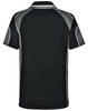 A black polo shirt with grey accents and a logo on the upper back.