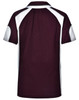 A maroon and white polo shirt featuring a logo on the back and contrast panel details.