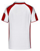 A polo shirt featuring a white base with red accents and a logo on the back.