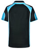 A black polo shirt with turquoise accents and a logo on the back.