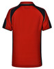 A red polo shirt with black accents, featuring a logo on the back and a classic collar design.
