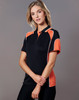 A black polo shirt with orange accents and a logo, featuring a traditional collar and short sleeves.
