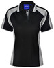 A ladies' polo shirt in black with grey accents and a branded label on the collar.