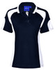 A navy and white polo shirt with short sleeves and a collar, featuring a branding logo.