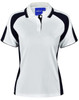 A ladies' polo shirt featuring a white body with black accents and a collar. Includes a logo on the chest.