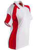 A red and white ladies' polo shirt with short sleeves and a branded logo.