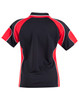 A black polo shirt with red accents and white piping, featuring a logo on the back.