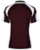 A maroon and white polo shirt featuring a sporty design and a logo on the back.