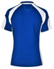 A blue and white ladies' polo shirt featuring a sporty design and a logo.