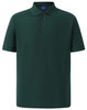 A green men's polo shirt featuring a collar, short sleeves, and a logo on the chest area.