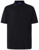 A navy blue men's polo shirt with a collar, short sleeves, and a logo on the side.