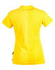 A women's yellow polo shirt with a back view and a small logo at the hem.