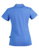 A blue women's polo shirt with a classic collar and short sleeves, featuring a logo on the back.