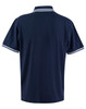 A navy blue men's polo shirt with white detailing on the collar and sleeves, featuring a logo.