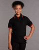 A black kids' polo shirt featuring red collar and sleeve trims, displaying a logo.