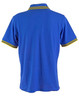 A blue polo shirt with yellow and green striped detailing on the collar and sleeves. It features a logo.