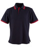 A navy polo shirt with red stripes on the collar and sleeve cuffs. It features a logo on the chest.