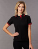 A black polo shirt with red collar and sleeve stripes, featuring a logo on the chest.