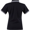 A black ladies' polo shirt featuring a classic collar and contrasting stripes on the sleeves.
