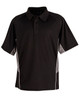 A black polo shirt with short sleeves, featuring a collar and contrasting side panels, includes a logo.
