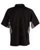 A black polo shirt with grey accents, featuring a collar and short sleeves, displaying a logo.