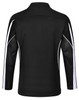 A black long sleeve polo shirt featuring mesh panels and white detailing, with a logo on the back.