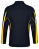 A black long sleeve polo shirt with yellow accents and a logo on the side.