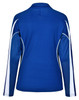 A blue long sleeve polo shirt with white accents and a logo on the back.