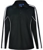 A kids' long sleeve polo shirt in black with white side panels and a collar, featuring a logo on the neck.