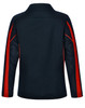 A long sleeve polo shirt in navy blue with red accents and a logo. It has a classic collar and mesh panels.