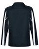 A long sleeve polo shirt in black with white panel accents and a logo. Back view showcases the design.