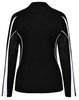 A long sleeve polo shirt in black with white accents, featuring a logo on the back.