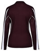 A long sleeve polo shirt in maroon with white side accents and a logo.