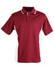 A maroon and white polo shirt with short sleeves and a collar, featuring buttons and a logo.