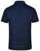 A navy blue men's polo shirt with a textured pattern and a collar, featuring a logo.