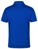 A blue men's polo shirt featuring a textured design and a collar. The back view shows short sleeves and a logo.